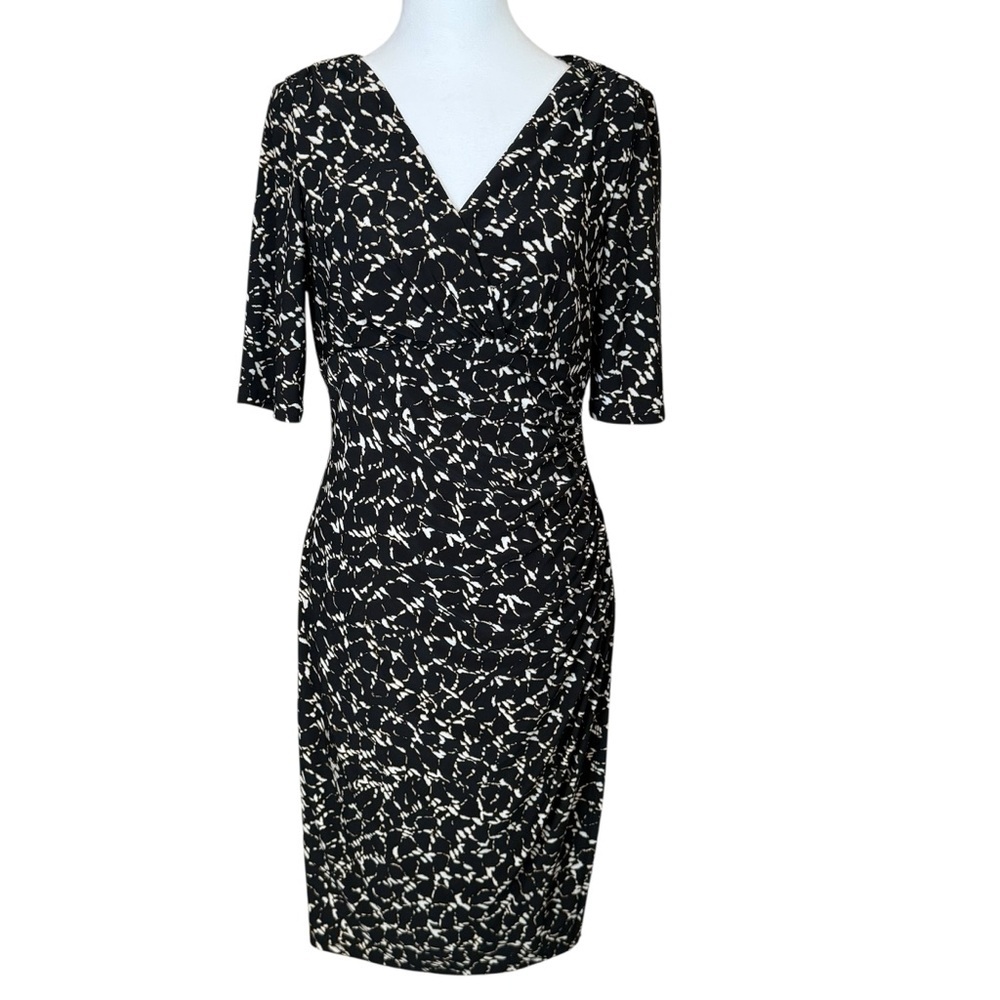 Lauren Ralph Lauren V-Neck Half Sleeve Dress Size 6 Black White Tan Old Money
